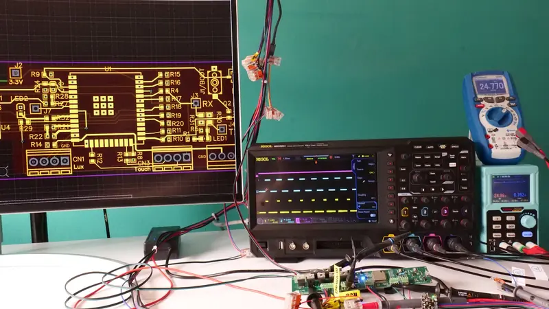 Banc de test électronique : oscilloscope et carte en cours de mesure